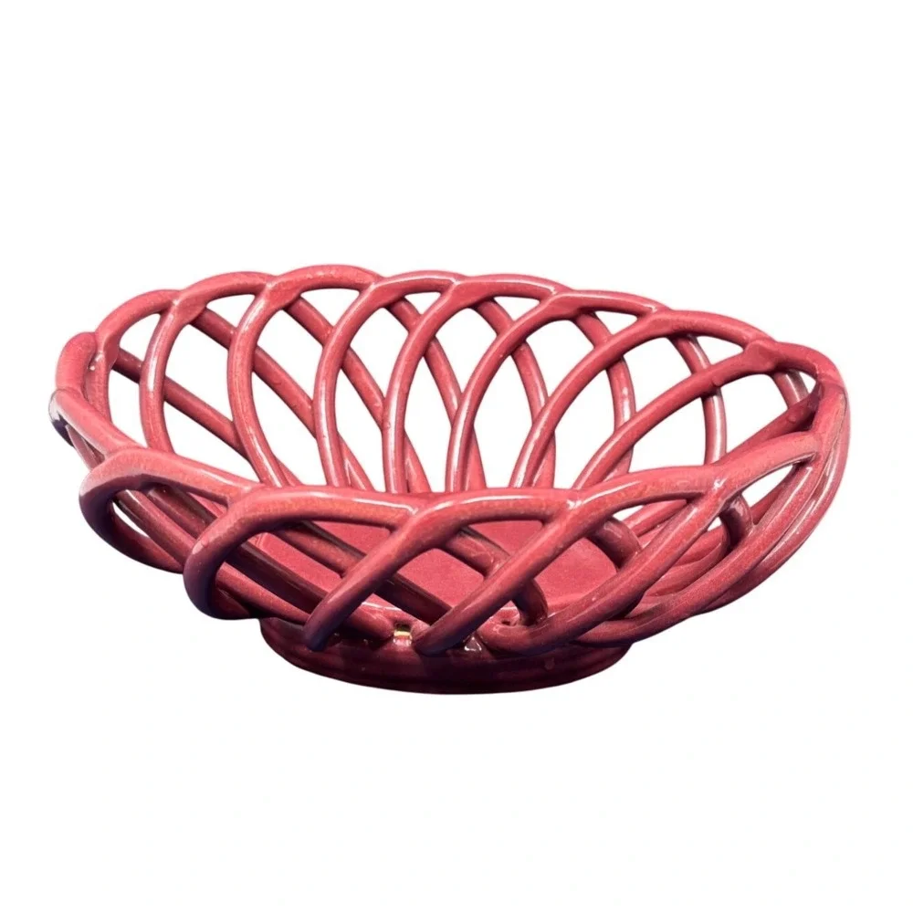 Signed Ceramic Woven Lattice Bread Basket Bowl Cranberry Red Glazed Oval‎ 9in